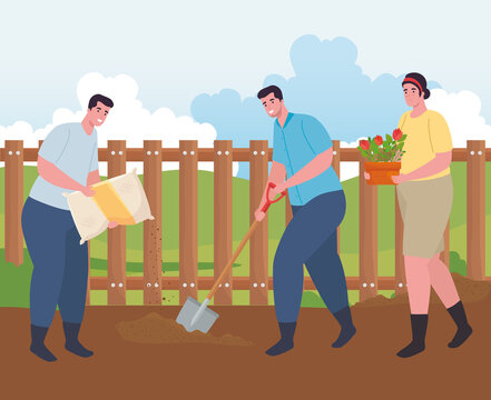 Gardening men and woman with fertilizer bag shovel and flowers design, garden planting and nature theme Vector illustration