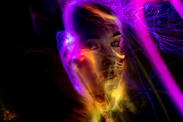 lightpainting portrait, new art direction, long exposure photo without photoshop, light drawing at...