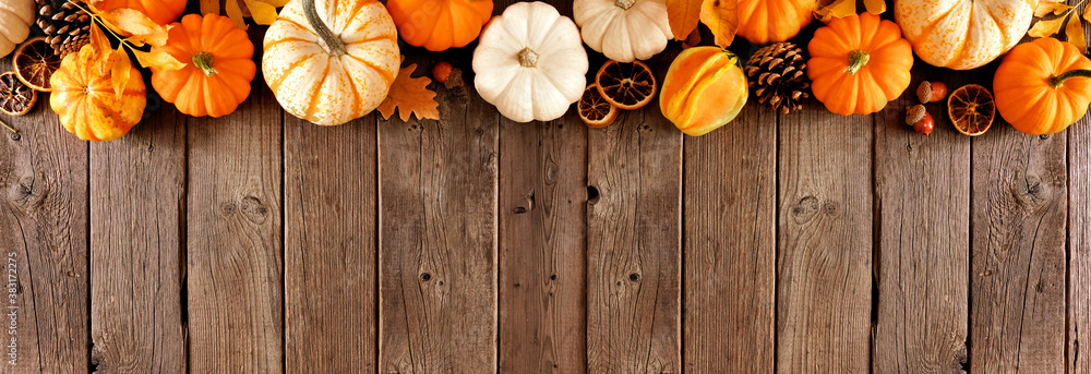 Poster long fall border of pumpkins and natural autumn decor. top view on a rustic dark wood banner backgro