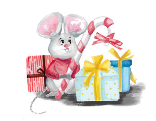 Christmas watercolor illustration : cute cartoon mouse  with a candy cane near christmas gifts and boxes