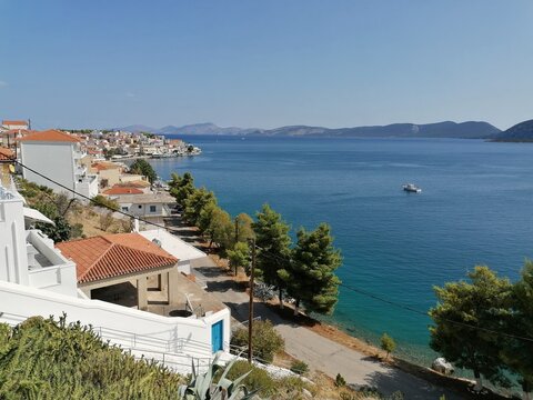 Ermioni greece, houses and sea. white houses, blue sea and sky. Peleponnese