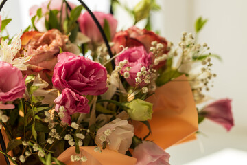 flower greeting card. soft focus. flower bouquet on a light background. close up. love and romance conceptual background