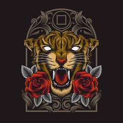 Dark angry tiger head illustration with detailed ornamental frames