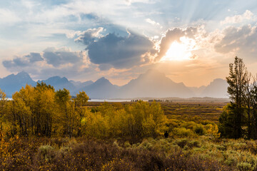 Landscape view of a beautiful sunset in Grand Teton National Park as seen from Willow Flats...