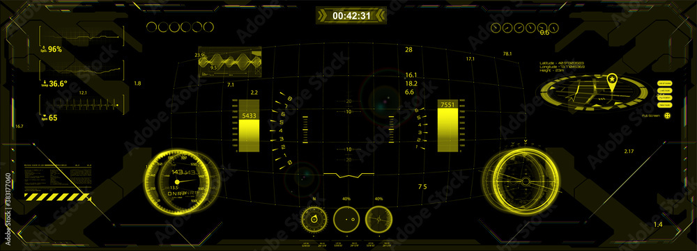Poster Head Up Display - cockpit design. HUD, GUI interface helmet. Virtual reality modern interface, cyberpunk panel. Futuristic User Interface HUD board for VR. Vector illustration