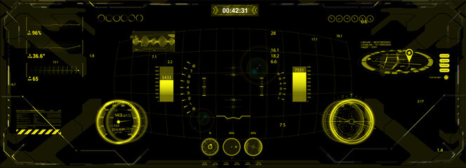 Obraz premium Head Up Display - cockpit design. HUD, GUI interface helmet. Virtual reality modern interface, cyberpunk panel. Futuristic User Interface HUD board for VR. Vector illustration