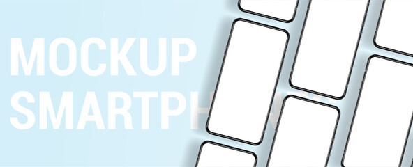 Presentation mockup smartphone top view. Frameless blank mobile phone, 3D realistic phone. Show banner with lots of smartphones. Frontal view. Cellphone collection. Vector gadgets illustration
