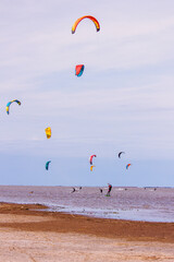 multiple kitesurf sails near the beach