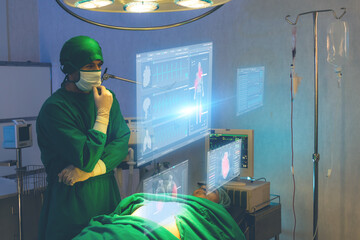 new normal futuristic technology in medical concept doctor anlysis patient by using artificial intelligence, machine learning, digital twin, 5g, big data, iot, augmented mixed virtual reality, ar, ai