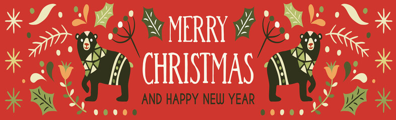 Christmas New Year vintage folk art bear banner