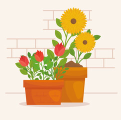 Gardening flowers with leaves in pots design, garden planting and nature theme Vector illustration