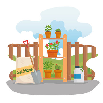 Gardening fertilizer bag shovel and plants design, garden planting and nature theme Vector illustration