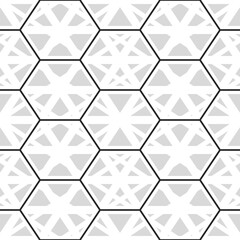 Seamless mosaic pattern. Hexagons, kites, triangles, polygons ornament. Grid background. Ancient ethnic motif. Grate wallpaper. Parquet backdrop. Digital paper design, textile print. Honeycomb vector.