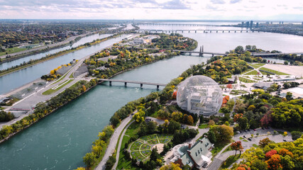 Aerial view of Montreal City Biosphère on Notre-Dame Island with colourful autumn threes