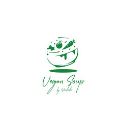 organic vegan soup logo icon with big bowl and flying vegetables illustration elegant premium soup restaurant