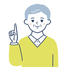 笑顔で指差しポーズをするシニア男性