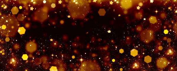 Festive abstract background Golden bokeh on black , glitter of stars and lights