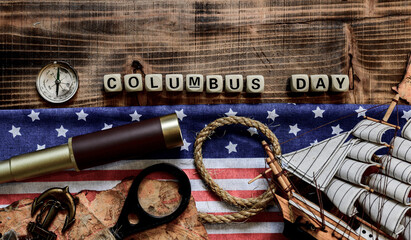 Columbus Day background. Map and discovery of old equipment. Exploration and history of America in...