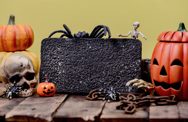 Halloween decoration. Trick or treat in autumn and fall season. Pumpkin face and scary symbol on...