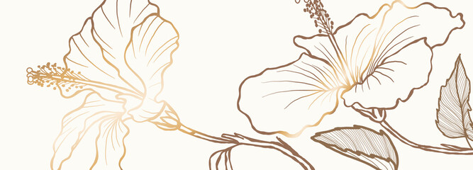 Luxury white hibiscus  background vector with golden metallic decorate wall art © babeer