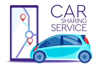 Car sharing service. Renting a car online concept with a map on the screen. 