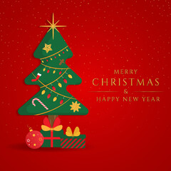 Christmas tree and gift elemant design red background.