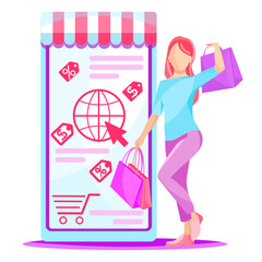 Women with shopping bags, E-shop smart purchasing concept. Ecommerce retail on device for customer application.  Flat Isometric character illustration, pastel pink colors.