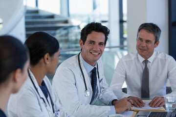 Fototapeta premium Portrait confident doctors talking in hospital meeting