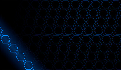 Dark blue background. Dark hexagon carbon fiber texture with lines and blue neon.