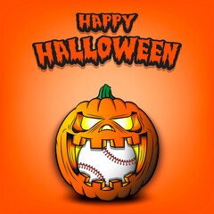 Happy Halloween. Baseball ball inside frightening pumpkin. The pumpkin swallowed the ball with burning eyes. Design template for banner, poster, greeting card, party invitation. Vector illustration