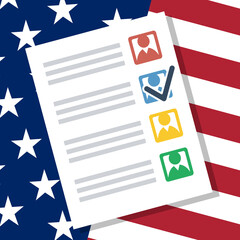 paper ballot with selected blue candidate, flat vector illustration