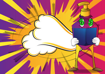 Cartoon bottle of hand sanitizer gel for hygiene with face reading a book.