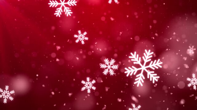 Abstract Beautiful Light Red loopable winter snow snowflake background with falling snowflakes and floating blurry glitter particles lights. 4K seamless loop video.
