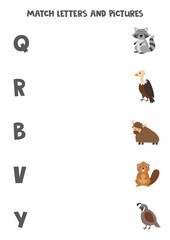 Match different animals with alphabet letters. Educational game.