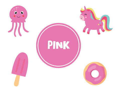 Learning pink color for preschool kids. Educational worksheet.