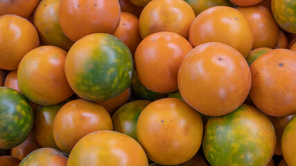 Harvest of ripe lulos placed on baskets ready for sale.