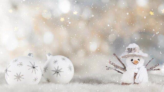 Christmas Still Life with Defocused Lights in Background and Snowflakes Falling. Super Slow Motion Filmed on High Speed Cinema Camera at 1000 fps.