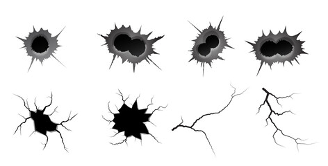 Bullet hole and ground cracks set. Metal single and double bullet hole, damage effect. Earthquake and ground cracks, craquelure and damaged wall texture. Vector illustrations for topics earthquake
