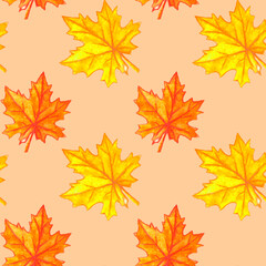 Watercolor autumn maple leaves seamless pattern. Colorful fall background and texture