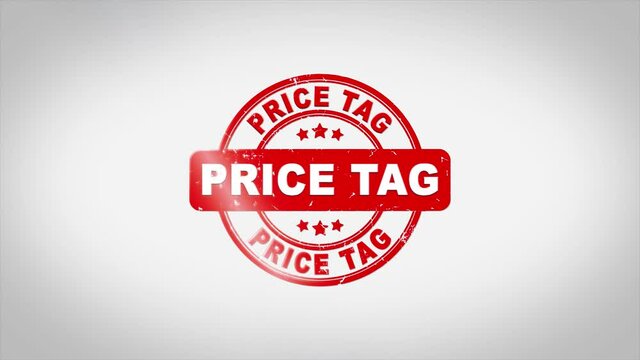 Price Tag Signed Stamping Text Wooden Stamp Animation. Red Ink on Clean White Paper Surface Background with Green matte Background Included.