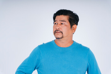 Hipster old elderly senior man in blue long sleeve shirt isolate over white background.