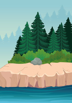 Landscape of pine trees and river design, nature and outdoor theme Vector illustration