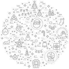 Simple Set of Christmas and holiday Related Vector Line Illustrations. Contains such Icons as winter, celebration, tree, snow, x-mas, ornament, Santa Claus and more.