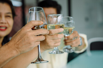 Group portrait of old senior people cheers or toast with wine glass to celebrate.