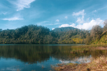 Fototapeta na wymiar Mountain Landscape with lake at Ranu Kumbolo Semeru Volcano Mountain, East Java, Indonesia.
