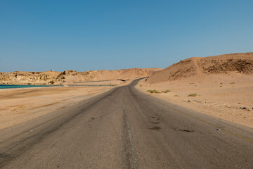 Desert road in remote rural area of Tabuk in north western Saudi Arabia