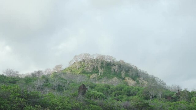 Timelapse of Clouds over Mountain with Green Desert Vegetation on Espumilla Beach, Santiago Island, Galapagos