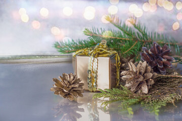 Fototapeta na wymiar Bumps gift box. Everything can be found at Christmas. New Year's card