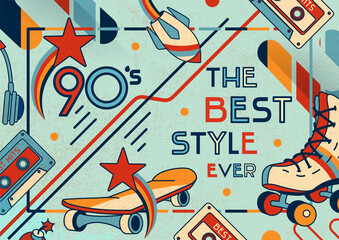 Retro 90s style concept. Character editable template for banner, poster, party flyer, cover, discount offer, or web background. Concept of: vintage music, old school,1990s pop songs.