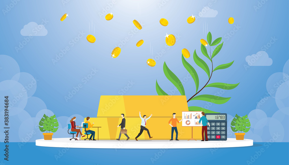 Poster gold investment with gold bar and coin profit with growing tree and graph chart diagram return with 